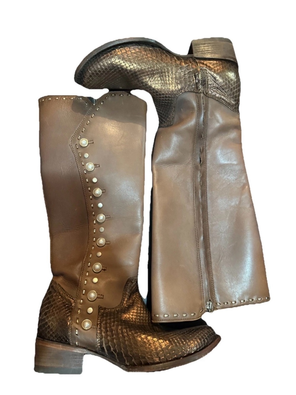 Women’s Brown Over-the-Knee Leather Boots with Stud Detail